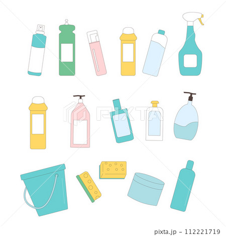 Cleaning supplies set with bucket and sponges isolated on white background. Vector flat illustration 112221719
