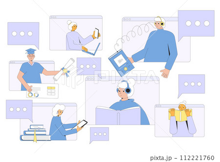 Senior aged people education. Elderly men and women learning online. Older adults students and graduates. Happy retirement intellectual and social activity. Retirement science community. Senior aged people education. Elderly men and women learning online. Older adults students and graduates. Happy retirement intellectual and social activity. Retirement science community. 112221760