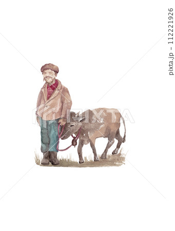 A shepherd and a bull walk side by side. Isolated watercolor illustration 112221926