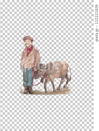 A shepherd and a bull walk side by side. Isolated watercolor illustration 112221926