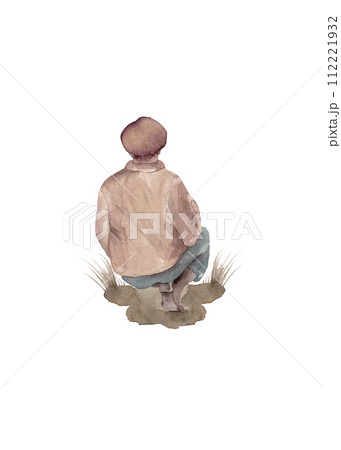 A man in rubber boots is squatting. Farmer in work clothes in nature. Back view. Isolated watercolor illustration A man in rubber boots is squatting. Farmer in work clothes in nature. Back view. Isolated watercolor illustration 112221932