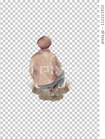 A man in rubber boots is squatting. Farmer in work clothes in nature. Back view. Isolated watercolor illustration A man in rubber boots is squatting. Farmer in work clothes in nature. Back view. Isolated watercolor illustration 112221932