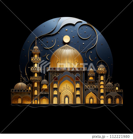 AI-generated content. Night mosque quilling...のイラスト素材 [112221980] - PIXTA