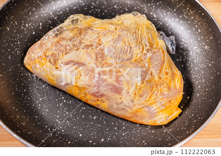 フライパンとビニール袋で衣をつけた鶏肉 フライパンとビニール袋で衣をつけた鶏肉 112222063