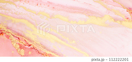 Beautiful background with smudges and stains alcohol ink. Abstract blue, red art with gold. 112222201
