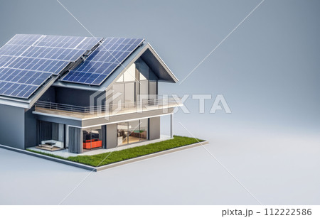 Modern home with solar panels on roof, showcasing sustainable living and energy efficiency, perfect for eco-friendly lifestyle and green housing concepts Modern home with solar panels on roof, showcasing sustainable living and energy efficiency, perfect for eco-friendly lifestyle and green housing concepts 112222586