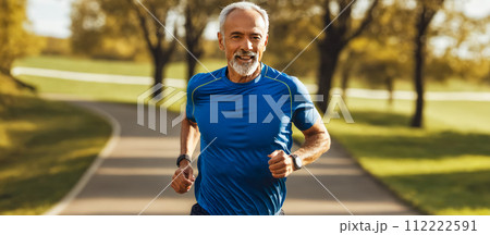 Senior man proves age is just number as he jogs energetically through scenic park. Sunlight filters through trees highlighting his athletic form, epitomizing active, healthy lifestyle in older age 112222591