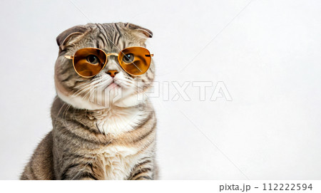 cat wearing sunglasses. Scottish Fold cat adorned with golden sunglasses, its grey fur and folded ears. isolated on white backdrop 112222594