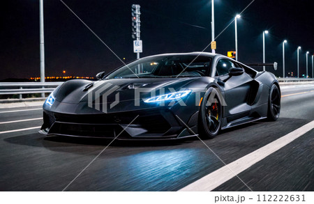 Front view of high-speed sports car racing on nighttime highway. Blurred motion, powerful headlights, and sleek design capture essence of speed and adrenaline on urban track Front view of high-speed sports car racing on nighttime highway. Blurred motion, powerful headlights, and sleek design capture essence of speed and adrenaline on urban track 112222631