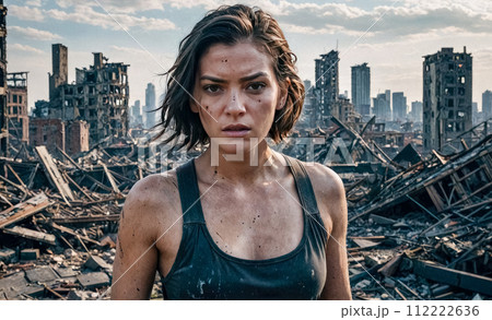 Woman on city ruins background, female person standing strong against backdrop of destruction and chaos, showcasing resilience and courage amidst devastation 112222636