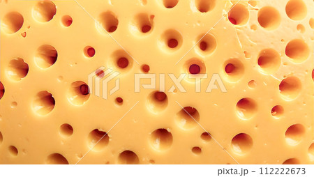 Closeup view of Swiss cheese texture, showcasing iconic holes and creamy yellow surface, perfect for food blogs, culinary websites, or gourmet presentations 112222673