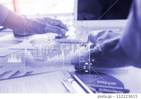 Stock market or forex trading graph and candlestick chart suitable for financial investment concept. Economy trends background for business idea and all art work design. Abstract finance background.. 112223615