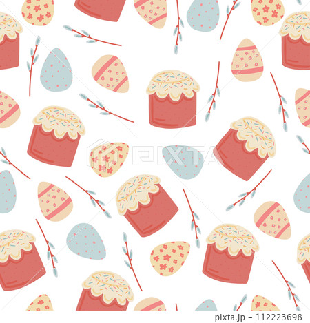 Easter cake and eggs flat design seamless pattern Easter cake and eggs flat design seamless pattern 112223698