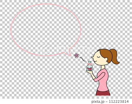 匂い袋の香りを楽しむポニーテールの女性　吹き出し付　主線あり 112223814