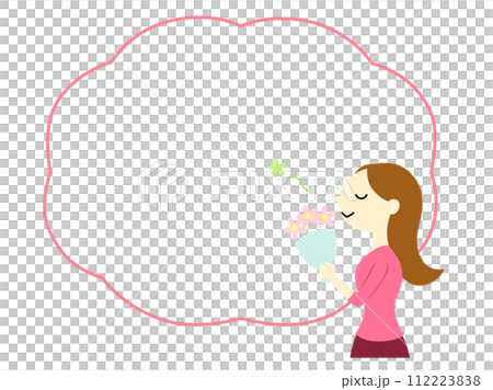 A woman with long hair enjoying the scent of a bouquet, with frame, no main line A woman with long hair enjoying the scent of a bouquet, with frame, no main line 112223838
