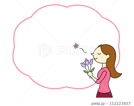 ラベンダーの香りを楽しむロングヘアの女性 フレーム付 主線あり ラベンダーの香りを楽しむロングヘアの女性 フレーム付 主線あり 112223857