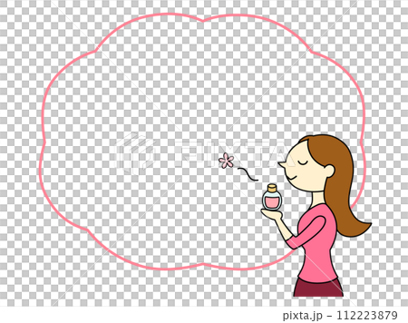 一個長髮的女人享受著香水的香味，有框架和主線 112223879