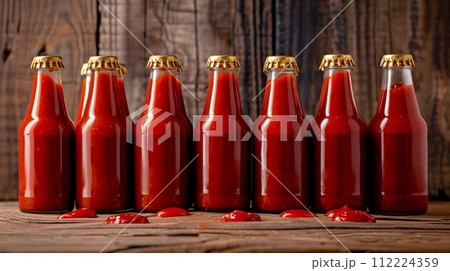 A row of ketchup bottles. 112224359