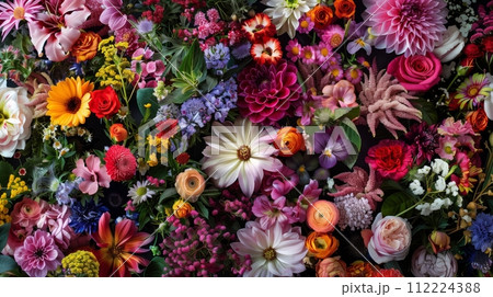 A full frame of diverse natural flowers. Hyper-realistic. 112224388