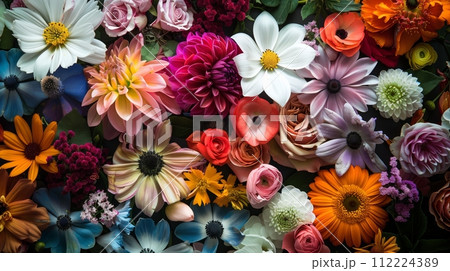 Full frame of various natural flowers. Hyperrealistic. Full frame of various natural flowers. Hyperrealistic. 112224389