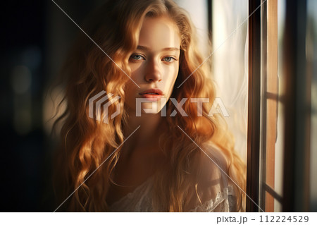 Mystical Beauty Captivating Portrait of a Young Blonde Woman Lost in a Dreamy, Otherworldly Gaze. created with Generative AI 112224529