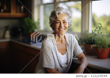 Radiant Middle-Aged Tranquility A Joyful Mature Woman Embracing the Comfort of Home in Her Living Space. created with Generative AI Radiant Middle-Aged Tranquility A Joyful Mature Woman Embracing the Comfort of Home in Her Living Space. created with Generative AI 112224544