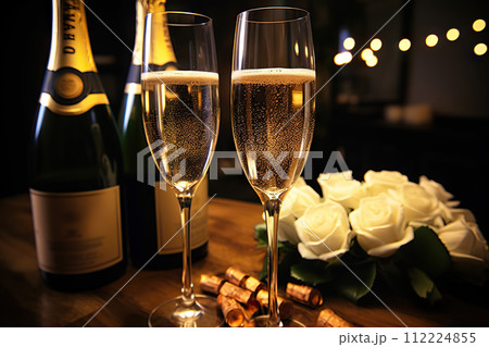 New Year's Eve Celebration Cheers with Champagne for Greeting Cards.  created with Generative AI 112224855