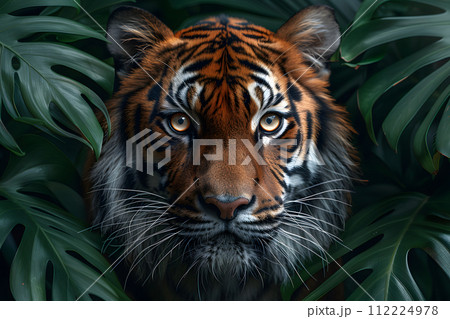 Close Up of Tiger Surrounded by Leaves Close Up of Tiger Surrounded by Leaves 112224978