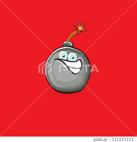 Cartoon burning bomb characters isolated on red background. Funky bomb character with eyes and mouth. Vector bomb clip art, emoji, label and sticker 112225151