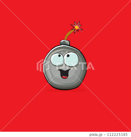Cartoon burning bomb characters isolated on red background. Funky bomb character with eyes and mouth. Vector bomb clip art, emoji, label and sticker Cartoon burning bomb characters isolated on red background. Funky bomb character with eyes and mouth. Vector bomb clip art, emoji, label and sticker 112225185
