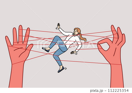 Business woman in manipulator networks with big hands, concept unethical human resource management Business woman in manipulator networks with big hands, concept unethical human resource management 112225354
