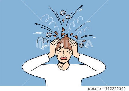Psychologically unbalanced man feels head explode due to excessive worries caused by stress Psychologically unbalanced man feels head explode due to excessive worries caused by stress 112225363