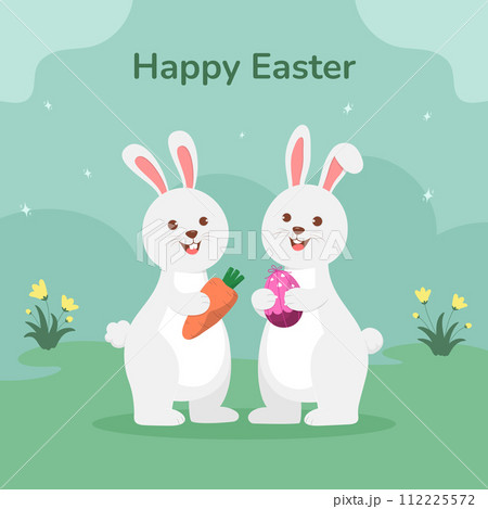 Cute Easter bunnies celebrating on Eater day, cartoon character vector illustration 112225572