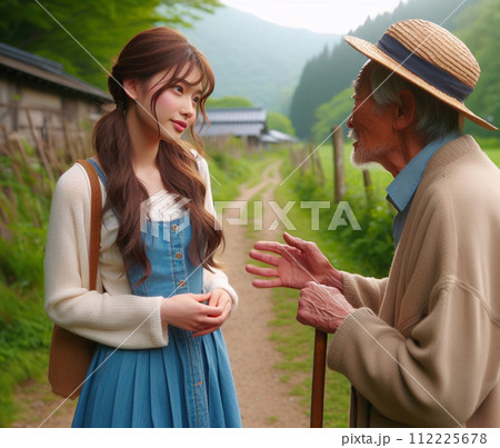 老人の話し相手をする若い女性 老人の話し相手をする若い女性 112225678