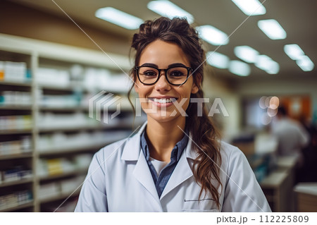 Empowering Health Confident American Pharmacist in a Welcoming Pharmacy Setting. created with Generative AI 112225809