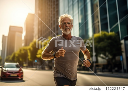 Elderly Vitality Senior Man Embracing a Healthy Lifestyle for Longevity with a Morning Run in the City. created with Generative AI 112225847