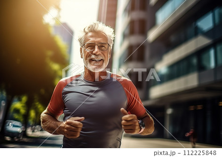 Elderly Vitality Senior Man Embracing a Healthy Lifestyle for Longevity with a Morning Run in the City. created with Generative AI 112225848