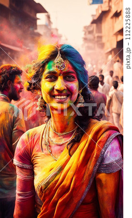 Happy indian woman having fun with colorful powder dyes. 112225888