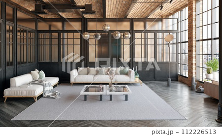 A modern loft living room with a couch, a coffee table 112226513