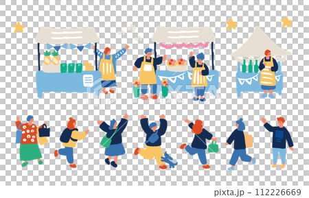 マーケットを楽しむ人々のフラットでシンプルなイラストセット 112226669