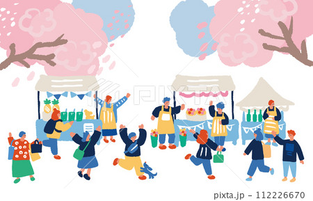 春のマーケットを楽しむ人々のフラットでシンプルなイラスト 112226670