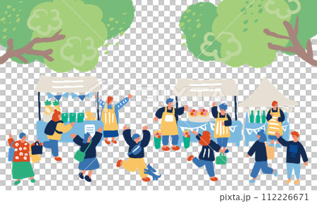 新緑のマーケットを楽しむ人々のフラットでシンプルなイラスト 112226671