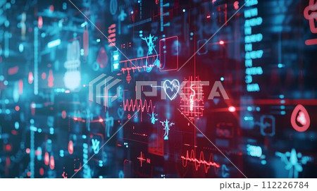 Abstract electronic circuit board with Futuristic medical interface with graphs and charts. Data for doctor technology modern medical concept 112226784