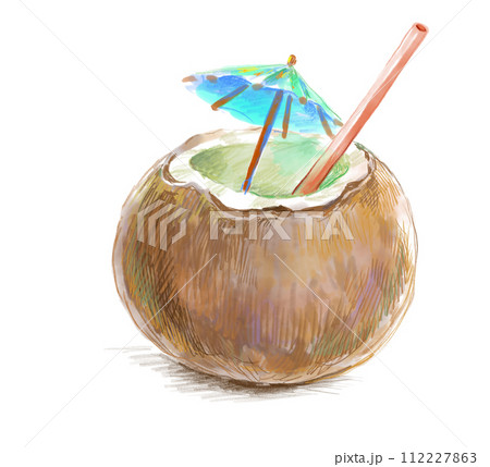 トロピカルなココナツジュースにパラソルを飾った水彩イラスト 112227863