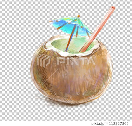 トロピカルなココナツジュースにパラソルを飾った水彩イラスト 112227863