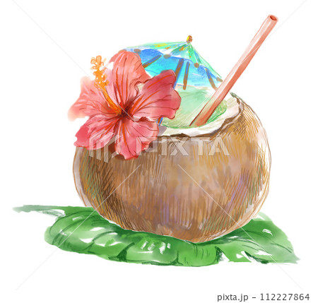 葉っぱの敷かれたトロピカルなココナツジュースにハイビスカスとパラソルを飾った水彩イラスト 112227864