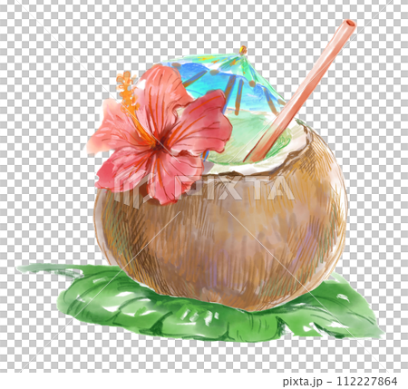 葉っぱの敷かれたトロピカルなココナツジュースにハイビスカスとパラソルを飾った水彩イラスト 112227864