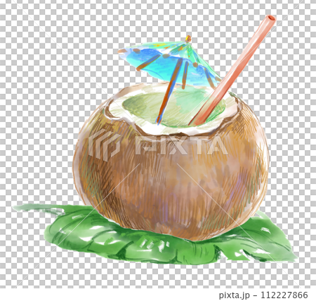 熱帶椰子汁覆蓋著葉子並裝飾著遮陽傘的水彩插圖 112227866