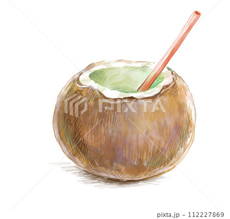 トロピカルなココナツジュースの水彩イラスト 112227869