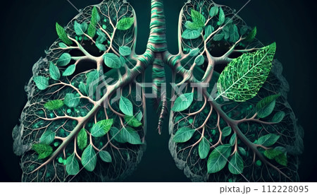 Leaves and branches in form of human lungs. Forest as lungs of planet concept. Generative AI 112228095
